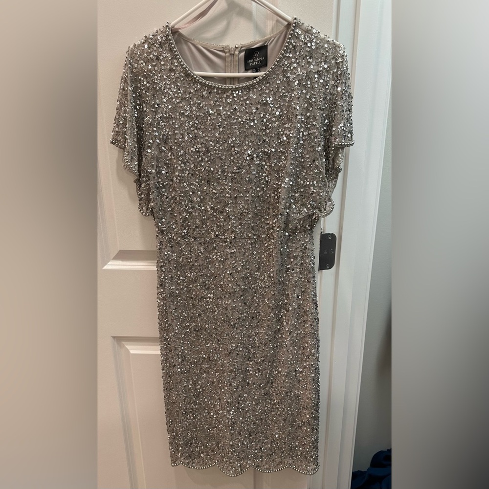Adrianna Papell Silver Sequin Mini Dress